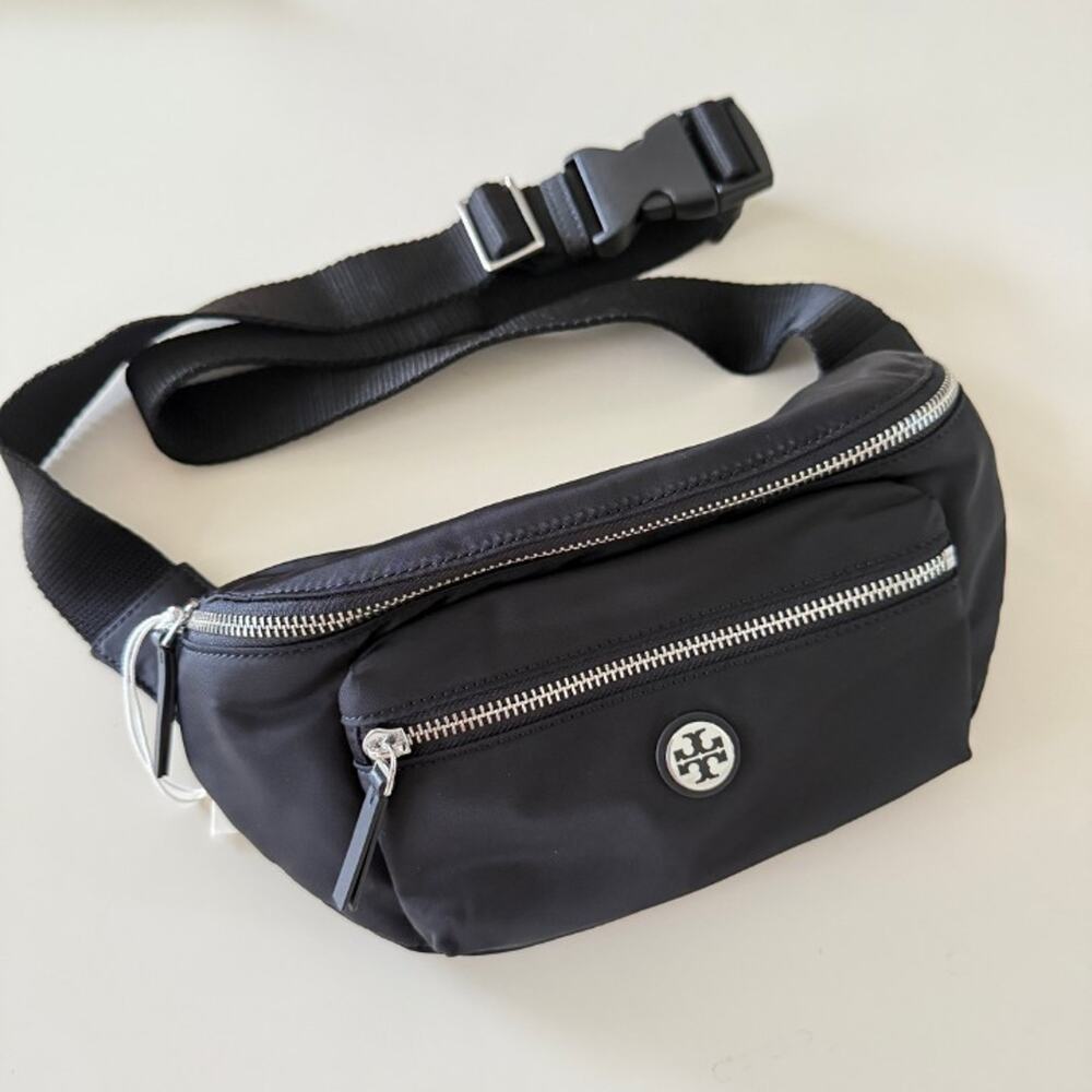 Tory Burch Black Nylon Belt Bag with Silver Hardware